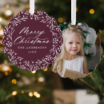 Elegant Snowflake Wreath Purple Photo Christmas Tree Decoration Card<br><div class="desc">Elegant holiday photo ornament card featuring "Merry Christmas" displayed in a white calligraphy script encircled by a wreath of snowflakes and pine branches on a dark purple background. Personalise the front of the ornament card by adding your family name and the year. The back of the paper ornament features your...</div>