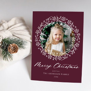 Elegant Snowflake Wreath Purple Photo Holiday Card