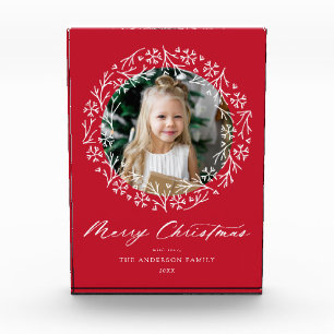 Elegant Snowflake Wreath Red Christmas Photo Block