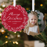 Elegant Snowflake Wreath Red Photo Christmas Tree Decoration Card<br><div class="desc">Elegant holiday photo ornament card featuring "Merry Christmas" displayed in a white calligraphy script encircled by a wreath of snowflakes and pine branches on a red background. Personalise the front of the ornament card by adding your family name and the year. The back of the paper ornament features your favourite...</div>
