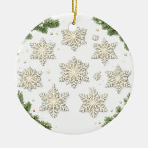 Elegant Snowflakes and Pine Branches Ceramic Ornament