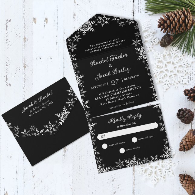Elegant Snowflakes Black & White Christmas Wedding All In One Invitation (Creator Uploaded)