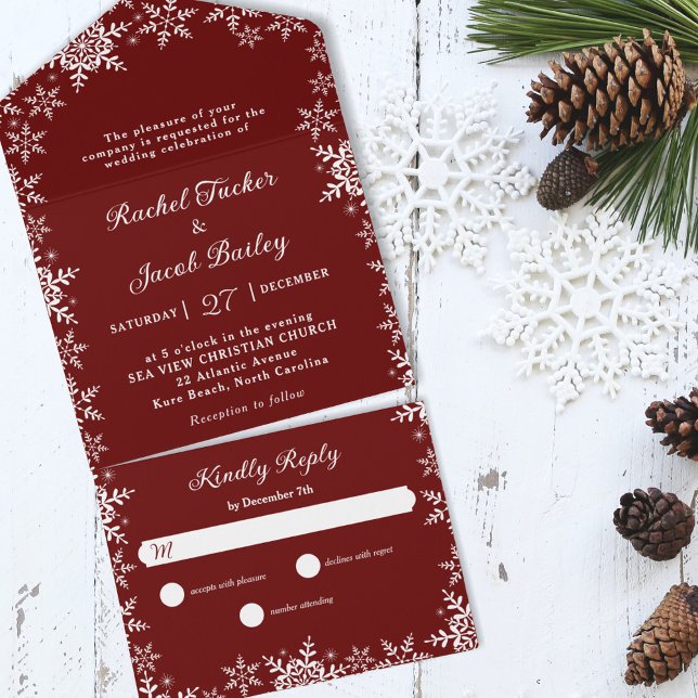 Elegant Snowflakes Border Red Christmas Wedding All In One Invitation (Creator Uploaded)