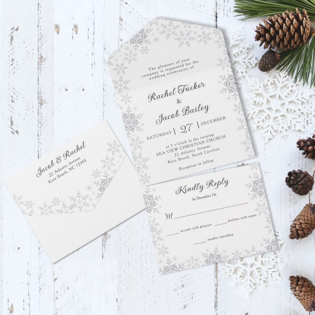 Elegant Snowflakes Border White Christmas Wedding All In One Invitation (Creator Uploaded)