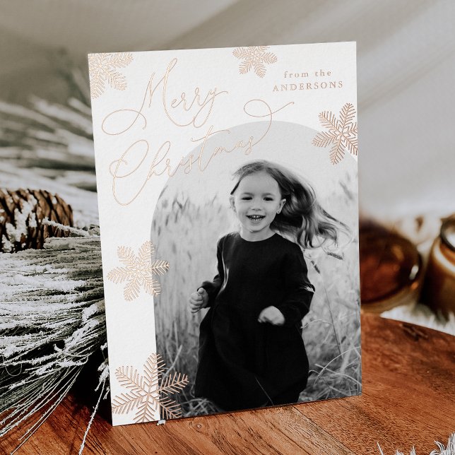 Elegant Snowflakes Christmas 2 Photo Rose Gold Foil Holiday Card (Creator Uploaded)