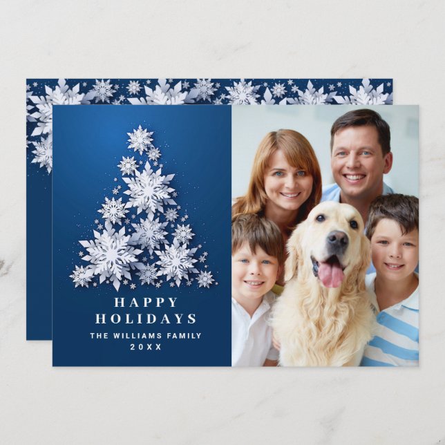 Elegant Snowflakes Christmas Tree Photo Holiday Card (Front/Back)