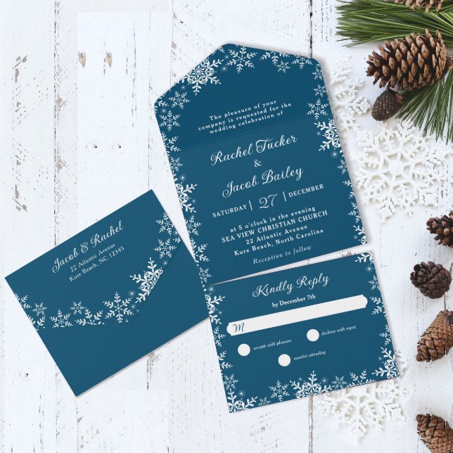 Elegant Snowflakes Dark Blue Christmas Wedding All In One Invitation (Creator Uploaded)