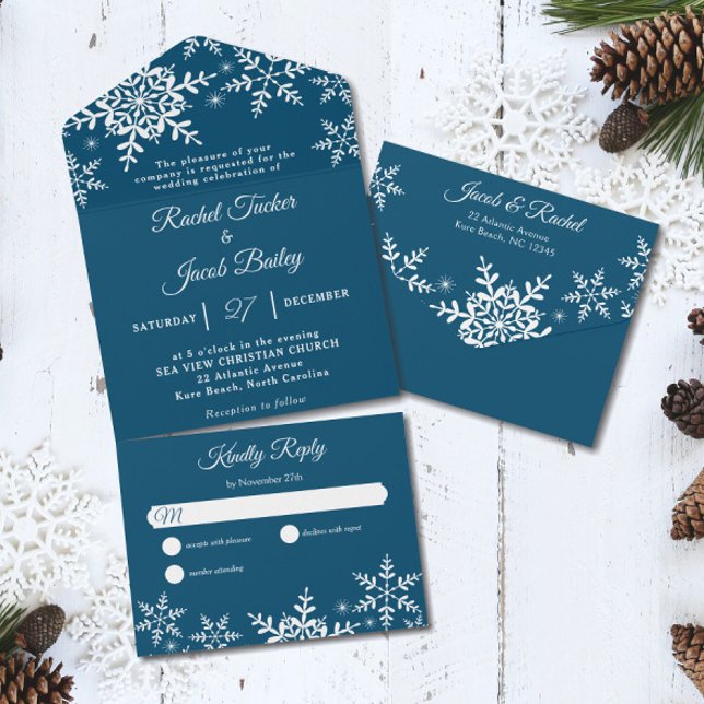 Elegant Snowflakes Dark Blue Navy Winter Wedding All In One Invitation (Creator Uploaded)