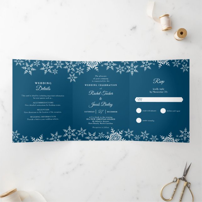 Elegant Snowflakes Dark Blue Navy Winter Wedding Tri-Fold Invitation (Inside)
