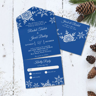Elegant Snowflakes Deep Blue Winter Wedding All In One Invitation