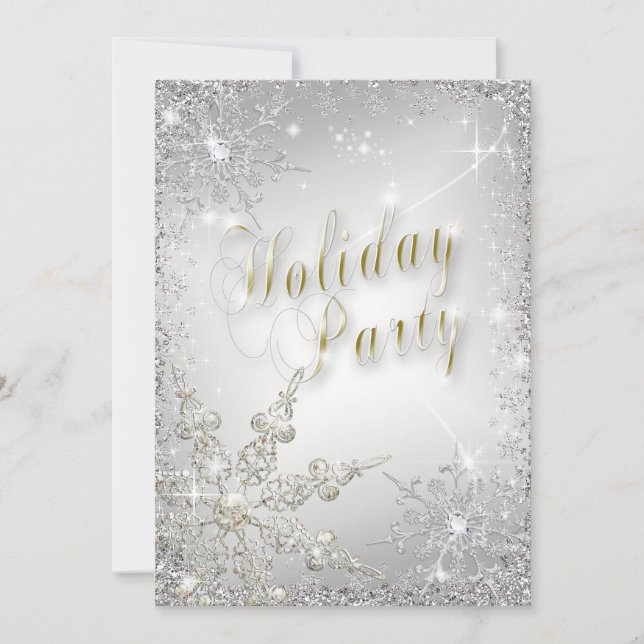 Elegant Snowflakes Gold Frost Holiday Party Invitation (Front)