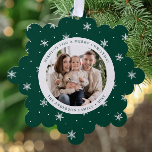 Elegant Snowflakes Green 2 Photo Holiday Tree Decoration Card
