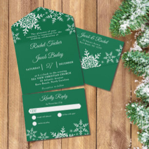Elegant Snowflakes Green Christmas Winter Wedding All In One Invitation