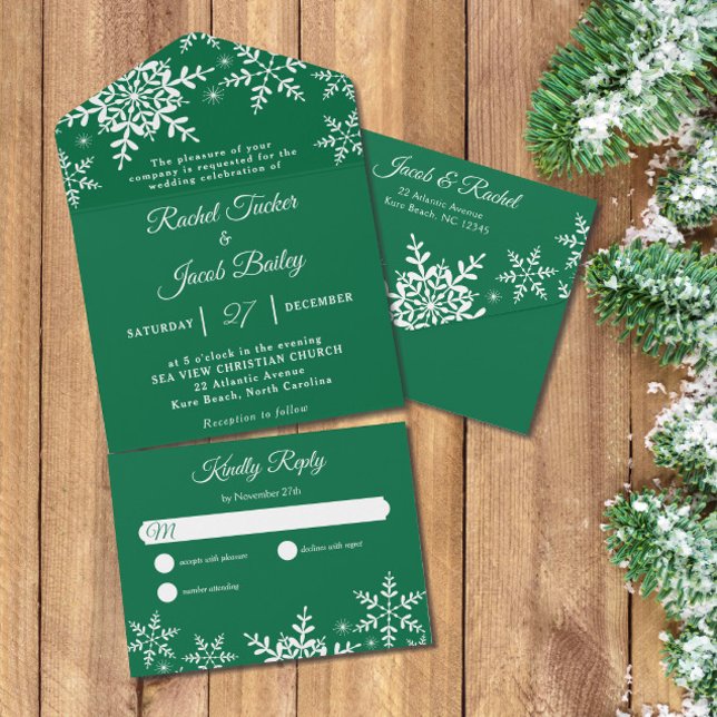 Elegant Snowflakes Green Christmas Winter Wedding All In One Invitation (Snowflakes on green All-in-0ne Seal and Send Wedding Invitation)