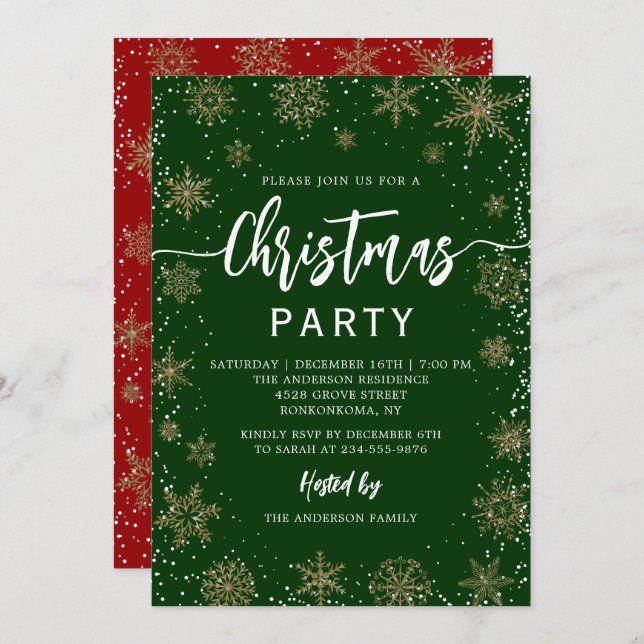 Elegant Snowflakes Green Red Christmas Party Invitation (Front/Back)