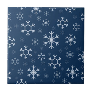 Elegant Snowflakes in Navy Blue Background Ceramic Tile