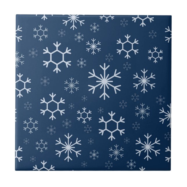Elegant Snowflakes in Navy Blue Background Ceramic Tile (Front)