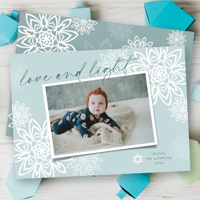 Elegant Snowflakes Love And Light Hanukkah Photo Holiday Card (Creator Uploaded)