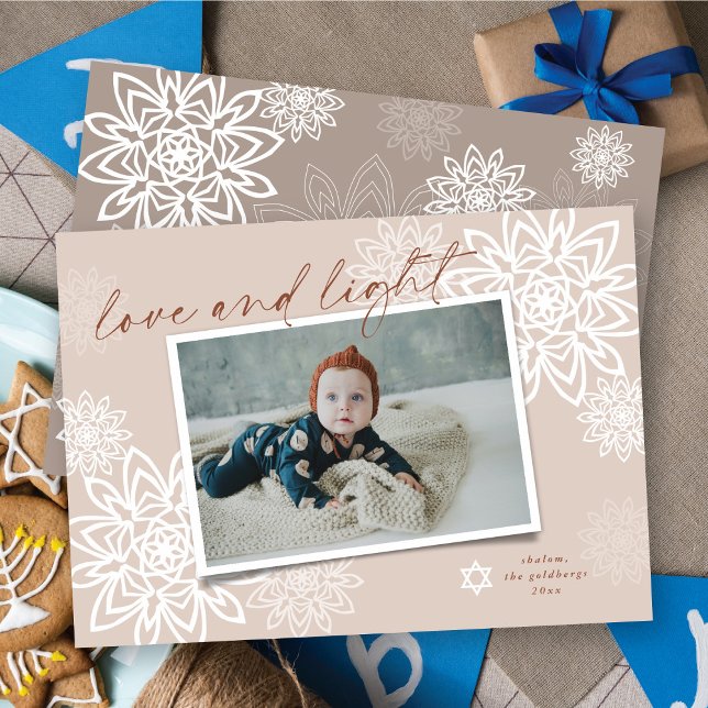 Elegant Snowflakes Love And Light Hanukkah Photo Holiday Card (Creator Uploaded)