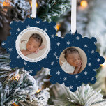 Elegant Snowflakes Navy Baby's First Christmas Tree Decoration Card<br><div class="desc">Celebrate your baby's first Christmas with friends and family with our Elegant Navy and White Snowflake baby's first Christmas ornament card. The front of the card displays your baby's photo encircled by a white frame with a navy and white snowflake patterned background. Personalise the front of the snowflake ornament card...</div>