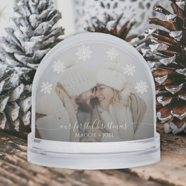 Elegant Snowflakes Our first Christmas photo Snowglobe (Personalized white snowflakes Couple's first Christmas keepsake with custom photo and text)
