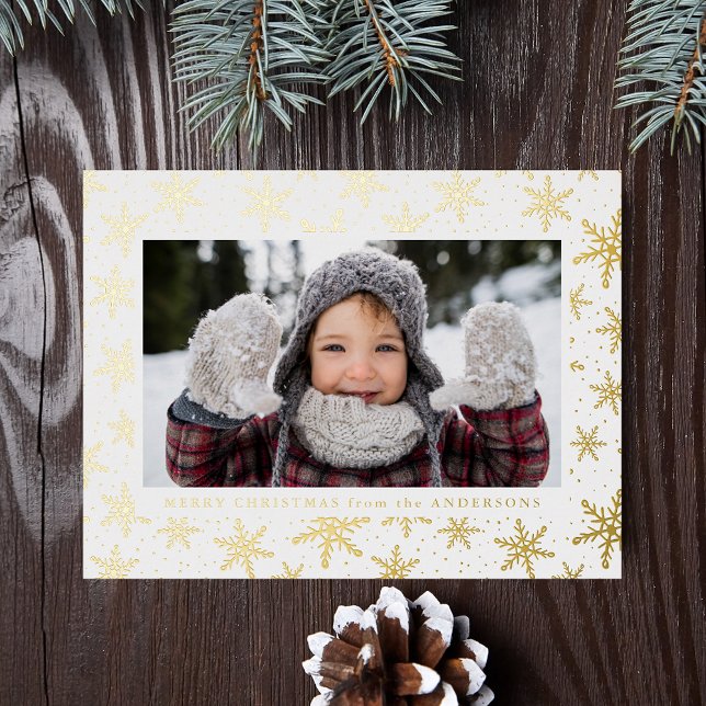 Elegant Snowflakes Photo Gold Foil Holiday Postcard (Creator Uploaded)