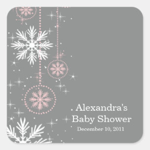 Elegant Snowflakes Pink & Grey Baby Shower Square Square Sticker