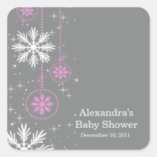 Elegant Snowflakes Pink & Grey Baby Shower Square Sticker