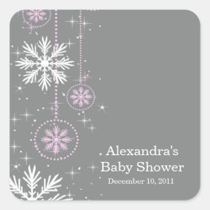Elegant Snowflakes Pink & Grey Baby Shower Square Sticker