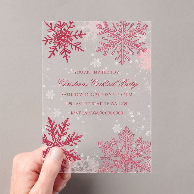 Elegant Snowflakes Pink Red Christmas Cocktails Acrylic Invitations (Insitu (Handheld))