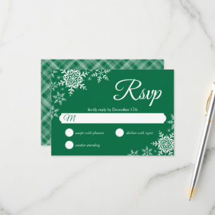 Elegant Snowflakes Plaid Dark Green Wedding RSVP Card