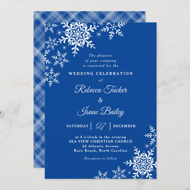 Elegant Snowflakes Plaid Deep Blue Wedding Invitation (Front/Back)
