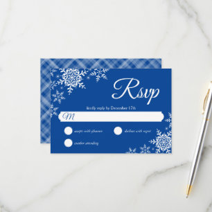 Elegant Snowflakes Plaid Deep Blue Wedding RSVP Card