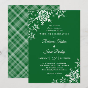 Elegant Snowflakes Plaid Forest Green Wedding Invitation