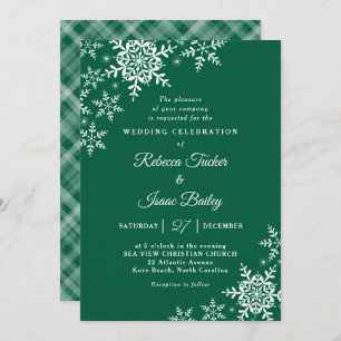 Elegant Snowflakes Plaid Hunter Green Wedding Invitation