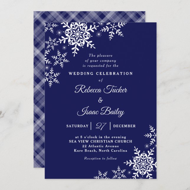 Elegant Snowflakes Plaid Navy Blue Wedding Invitation (Front/Back)