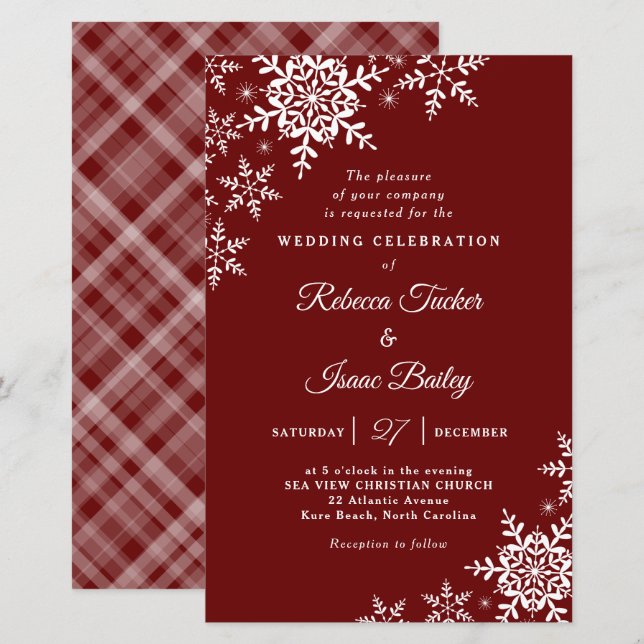 Elegant Snowflakes Plaid Red Wedding Invitation (Front/Back)
