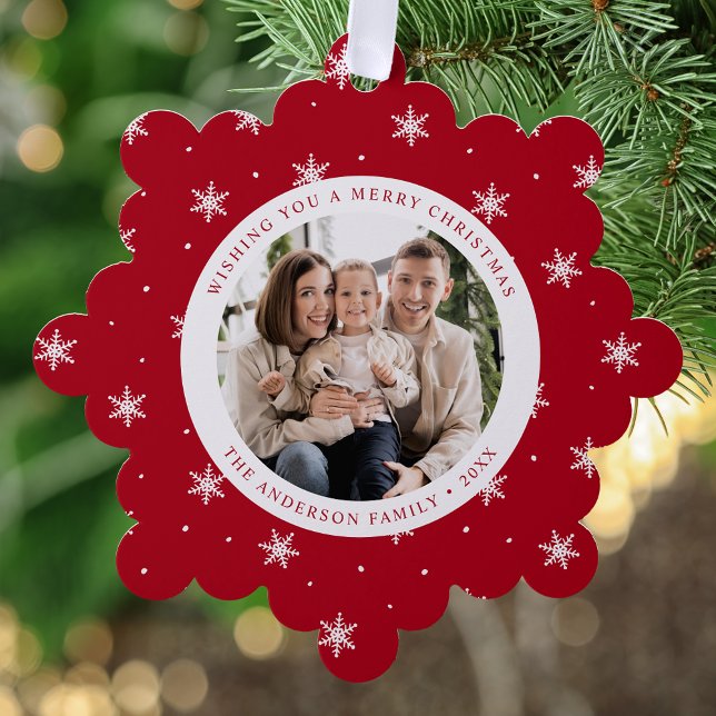 Elegant Snowflakes Red 2 Photo Holiday Tree Decoration Card (Creator Uploaded)