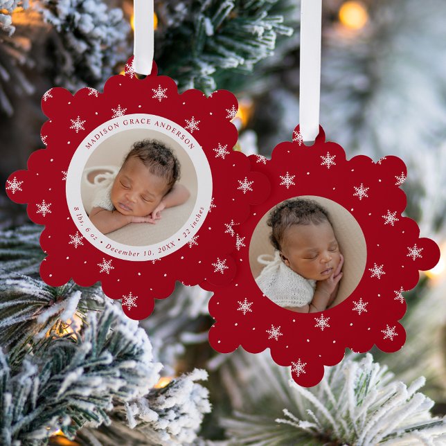 Elegant Snowflakes Red Baby's First Christmas Tree Decoration Card (Creator Uploaded)