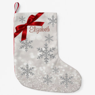 Elegant Snowflakes,Red Bow,Glittery -Personalised Small Christmas Stocking