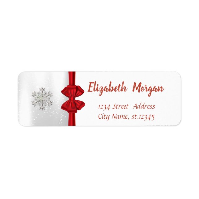 Elegant Snowflakes,Red Bow Holiday Return Address Label (Front)