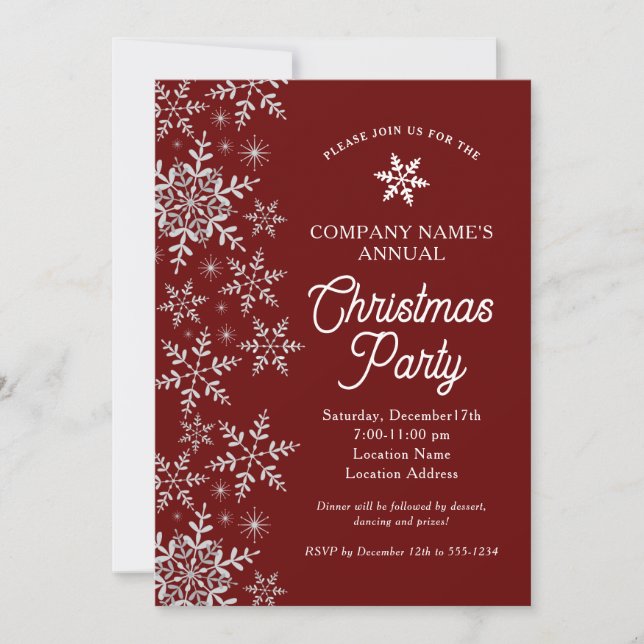 Elegant Snowflakes Red Company Christmas Party Invitation (Front)