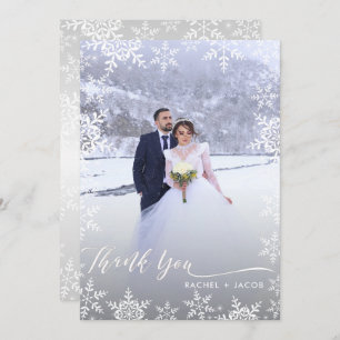 Elegant Snowflakes & Script 2-Photo Winter Wedding Thank You Card