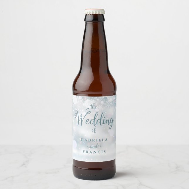 Elegant Snowflakes Script Winter Wedding Beer Bottle Label (Front)