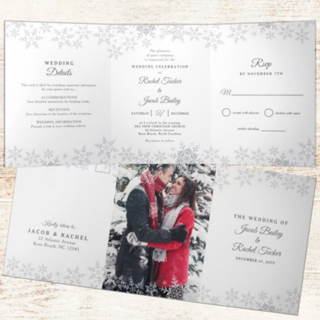 Elegant Snowflakes Silver & White Winter Wedding Tri-Fold Invitation (Creator Uploaded)