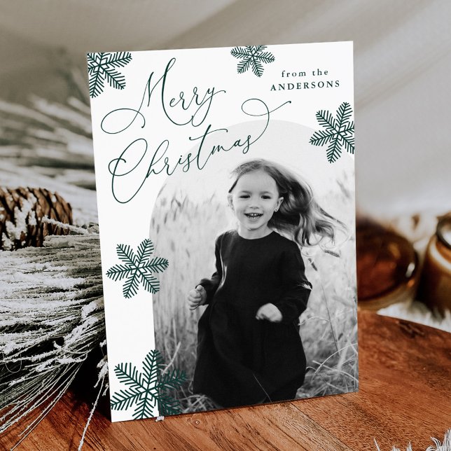 Elegant Snowflakes Spruce Green 2 Photo Holiday Card (Creator Uploaded)