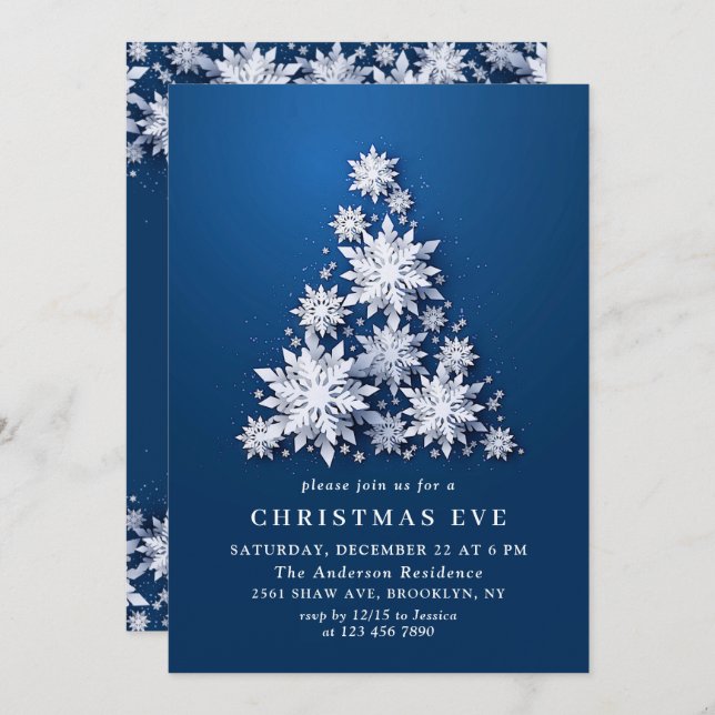 Elegant Snowflakes Tree Holiday CHRISTMAS EVE Invitation (Front/Back)