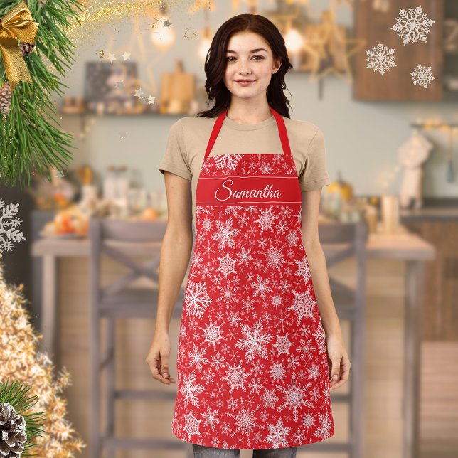 Elegant Snowflakes Winter Holidays Red Christmas Apron (Creator Uploaded)