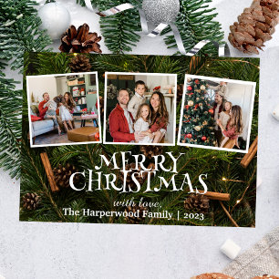 Elegant Snowman Joy Christmas Family Photo Collage Foil Holiday Card