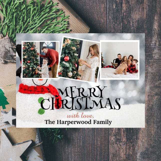 Elegant Snowman Joy Christmas Family Photo Collage Holiday Card (Creator Uploaded)